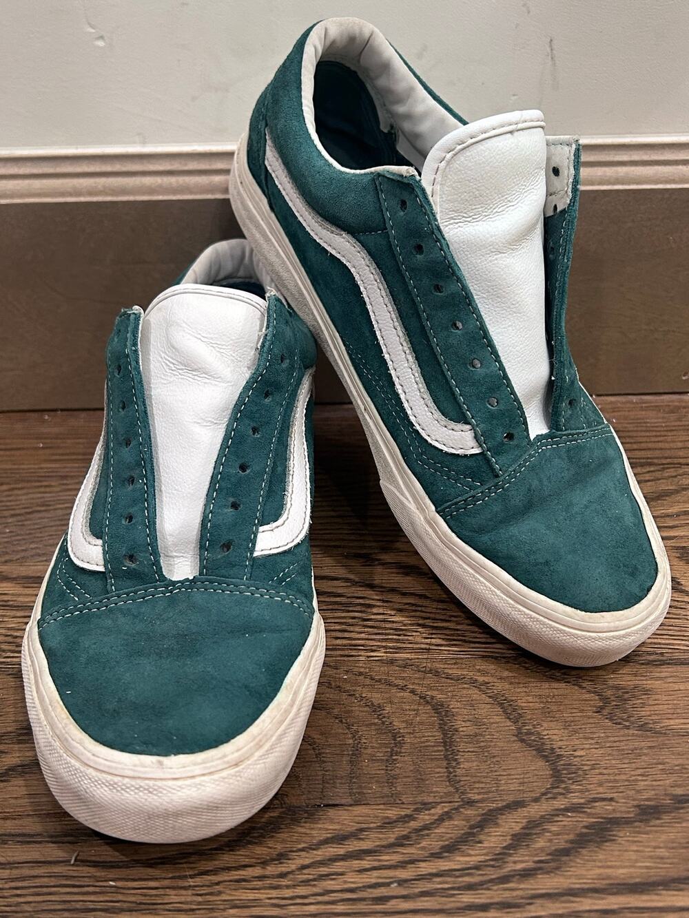 Vans HEIQ Eco Dry Old Skool Green White Suede Canvas Skate Shoes M6, W 7.5